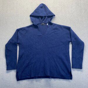 T Tahari Sweater Womens Large Blue Hooded V Neck Ribbed Knit Pullover Casual